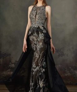 MNM COUTURE - K3696 Embroidered Halter Trumpet Dress