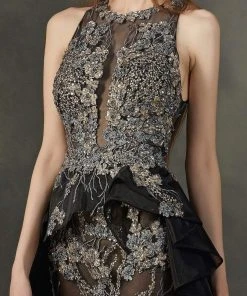 MNM COUTURE - K3696 Embroidered Halter Trumpet Dress