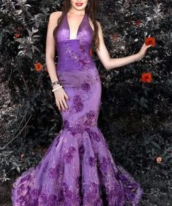 MNM Couture - KH067 Sleeveless Lace Floral Halter Mermaid Gown