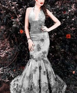 MNM Couture - KH067 Sleeveless Lace Floral Halter Mermaid Gown