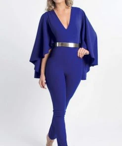 MNM COUTURE - L0025 Cape Sleeve Ankle Length Jumpsuit