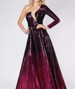 MNM COUTURE - M0039 Sequined Single Sleeve A-line Dress Formal Gowns