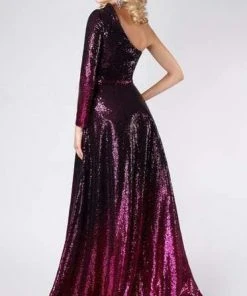 MNM COUTURE - M0039 Sequined Single Sleeve A-line Dress Formal Gowns