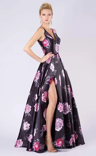 MNM COUTURE - M0063 Plunging Blossom Printed High Slit Gown 6 MNM COUTURE - M0063 Plunging Blossom Printed High Slit Gown