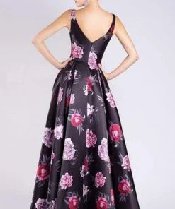 MNM COUTURE - M0063 Plunging Blossom Printed High Slit Gown 7 MNM COUTURE - M0063 Plunging Blossom Printed High Slit Gown