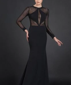 MNM Couture - N0044 Sheer Bodice Long-Sleeved Gown Formal Gowns