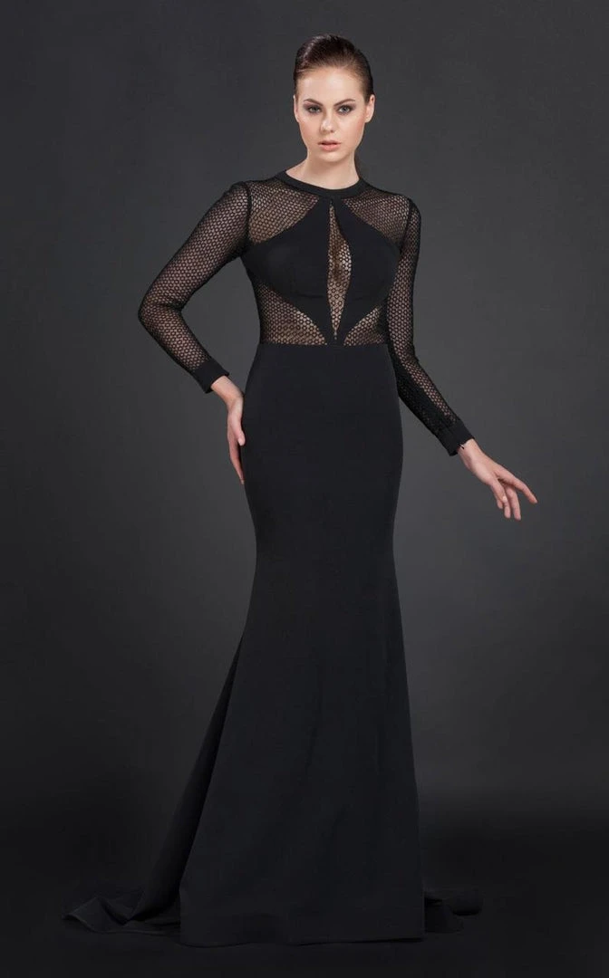 MNM Couture - N0044 Sheer Bodice Long-Sleeved Gown Formal Gowns 3 MNM Couture - N0044 Sheer Bodice Long-Sleeved Gown Formal Gowns