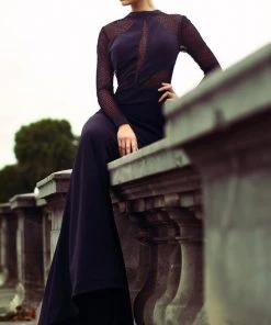 MNM Couture - N0044 Sheer Bodice Long-Sleeved Gown Formal Gowns 13 MNM Couture - N0044 Sheer Bodice Long-Sleeved Gown Formal Gowns