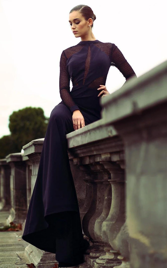 MNM Couture - N0044 Sheer Bodice Long-Sleeved Gown Formal Gowns 8 MNM Couture - N0044 Sheer Bodice Long-Sleeved Gown Formal Gowns