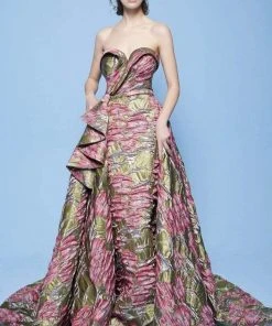 Prom Dresses MNM Couture - N0231 Folded Strapless Sweetheart Metallic Floral Gown
