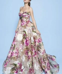 MNM Couture - N0235 Strapless Floral Print Sweetheart Ballgown