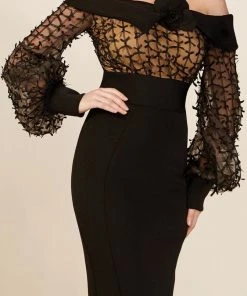 Formal Gowns MNM COUTURE - S0006L Bell Sleeve Ribbon Detailed Mermaid Gown