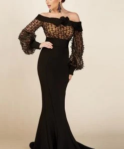 Formal Gowns MNM COUTURE - S0006L Bell Sleeve Ribbon Detailed Mermaid Gown