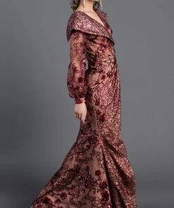 Formal Gowns MNM COUTURE - Sequined Long Sleeve V-neck Trumpet Dress 2417 - 1 Pc Burgundy In Size 6 Available