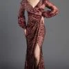 Formal Gowns MNM COUTURE - Sequined Long Sleeve V-neck Trumpet Dress 2417 - 1 Pc Burgundy In Size 6 Available