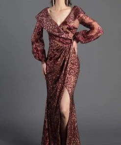 Formal Gowns MNM COUTURE - Sequined Long Sleeve V-neck Trumpet Dress 2417 - 1 Pc Burgundy In Size 6 Available