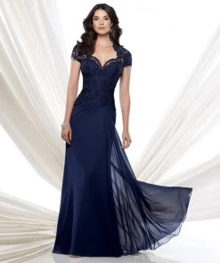 Mon Cheri - 115974 Lace Chiffon A-line Dress - 1 Pc Navy Blue In Size 10 Available