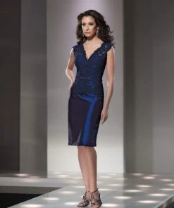 Mon Cheri 214844 Plunging V Neck Lace Dress Cocktail Dresses