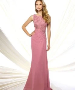 Mon Cheri - Embellished Sleeveless A-line Gown 116947 - 1 Pc Pewter/Nude In Size 8 Available