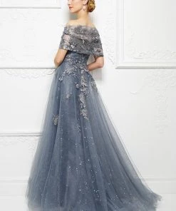 Mon Cheri - Embroidered Floral Lace Gown With Detachable Strap Wrap 217D88 - 1 Pc Wedgewood In Size 10 Available Formal Gowns 6 Mon Cheri - Embroidered Floral Lace Gown With Detachable Strap Wrap 217D88 - 1 Pc Wedgewood In Size 10 Available Formal Gowns