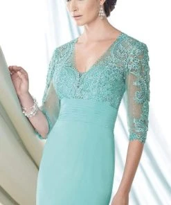 Formal Gowns Mon Cheri Lace Illusion V-Neck Mermaid Long Dress - 1 Pc Aqua/Green In Size 8 Available 13 Formal Gowns Mon Cheri Lace Illusion V-Neck Mermaid Long Dress - 1 Pc Aqua/Green In Size 8 Available
