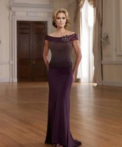 Mon Cheri - Off-Shoulder Sleeves Beaded Floral Dress 210996