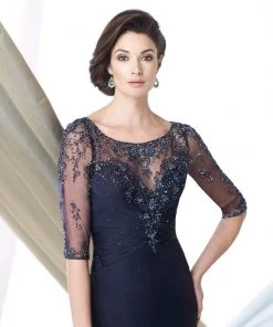 Mon Cheri - Sheer Bateau Neck Sheath Gown 213967 - 2 Pcs Smoke Gray In Sizes 4 And 18 Available Formal Gowns