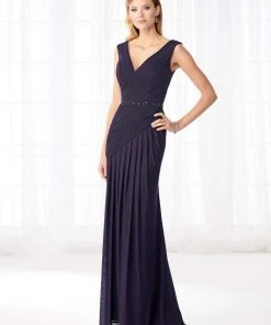 Mon Cheri - Stretch Mesh Pleated V-Neckline Formal Gown 218603 - 1 Pc Raspberry In Size 4 Available Formal Gowns