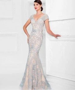 Mon Cheri - Trumpet Gown 117D70 - 1 Pc Nude/Blue In Size 10 And 2 Pcs Charcoal In Size 8 Available Formal Gowns