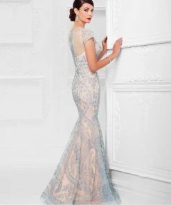 Mon Cheri - Trumpet Gown 117D70 - 1 Pc Nude/Blue In Size 10 And 2 Pcs Charcoal In Size 8 Available Formal Gowns