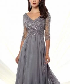 Formal Gowns Montage By Mon Cheri - 116950W Chiffon A-line Dress- 1 Pc Gray/Heather In Size 26W Available
