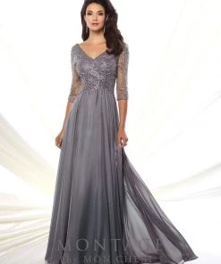 Formal Gowns Montage By Mon Cheri - 116950W Chiffon A-line Dress- 1 Pc Gray/Heather In Size 26W Available