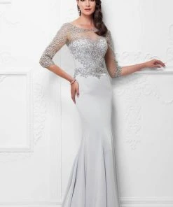 Montage By Mon Cheri - 117910 Quarter Sleeve Beaded Illusion Gown - 1 Pc Ice Gray In Size 12 Available Formal Gowns