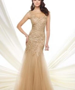Formal Gowns Montage By Mon Cheri - 216964 Tulle Lace Trumpet Dress - 1 Pc Champagne In Size 10 Available
