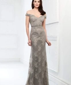 Montage By Mon Cheri - Allover Lace Off-Shoulder Trumpet Dress 218917 - 1 Pc English Rose In Size 8 Available Formal Gowns