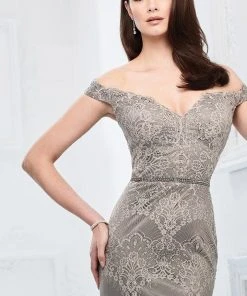 Montage By Mon Cheri - Allover Lace Off-Shoulder Trumpet Dress 218917 - 1 Pc English Rose In Size 8 Available Formal Gowns