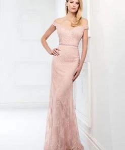 Montage By Mon Cheri - Allover Lace Off-Shoulder Trumpet Dress 218917 - 1 Pc English Rose In Size 8 Available Formal Gowns