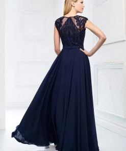 Montage By Mon Cheri - Embroidered Lace Chiffon Overskirt Gown 218914 - 1 Pc Navy In Size 10 Available Formal Gowns