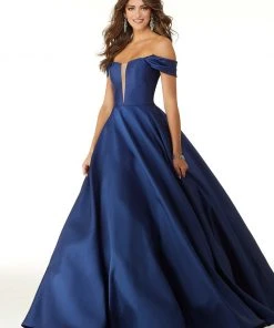 Formal Gowns Mori Lee - 43041 Drape Sleeves Illusion Plunging Neck Satin Ballgown