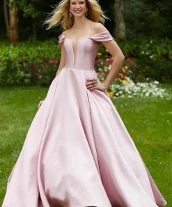 Formal Gowns Mori Lee - 43041 Drape Sleeves Illusion Plunging Neck Satin Ballgown
