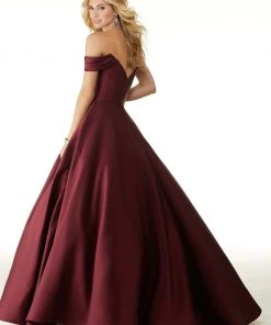 Formal Gowns Mori Lee - 43041 Drape Sleeves Illusion Plunging Neck Satin Ballgown