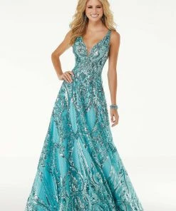 Mori Lee - 45001 Sleeveless V Neck Sequin Ornate A-Line Prom Dress