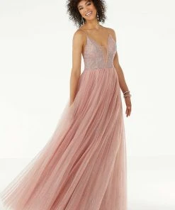 Mori Lee - 45004 Beaded Sleeveless V- Neckline Glitter Net Gown