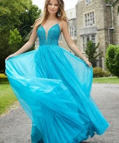 Mori Lee - 45004 Beaded Sleeveless V- Neckline Glitter Net Gown