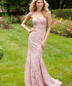 Mori Lee - 45005 Allover Embroidery Sparkle Net V Neck Mermaid Dress