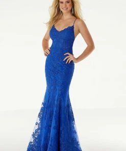 Mori Lee - 45005 Allover Embroidery Sparkle Net V Neck Mermaid Dress