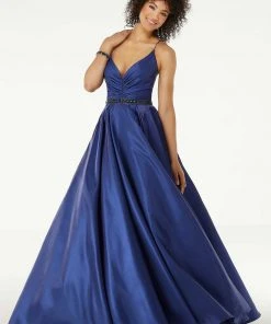 Formal Gowns Mori Lee - 45007 Shirred Plunging Shimmer Satin Gown