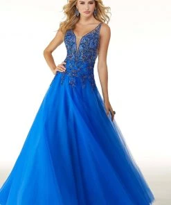 Mori Lee - 45036 Crystal Beaded Deep V-neck Tulle A-line Gown 12 Mori Lee - 45036 Crystal Beaded Deep V-neck Tulle A-line Gown