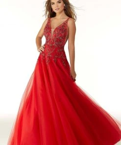 Mori Lee - 45036 Crystal Beaded Deep V-neck Tulle A-line Gown