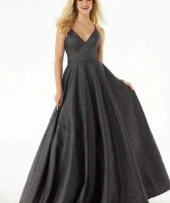 Mori Lee - 45048 Glitter Satin V-neck A-line Dress